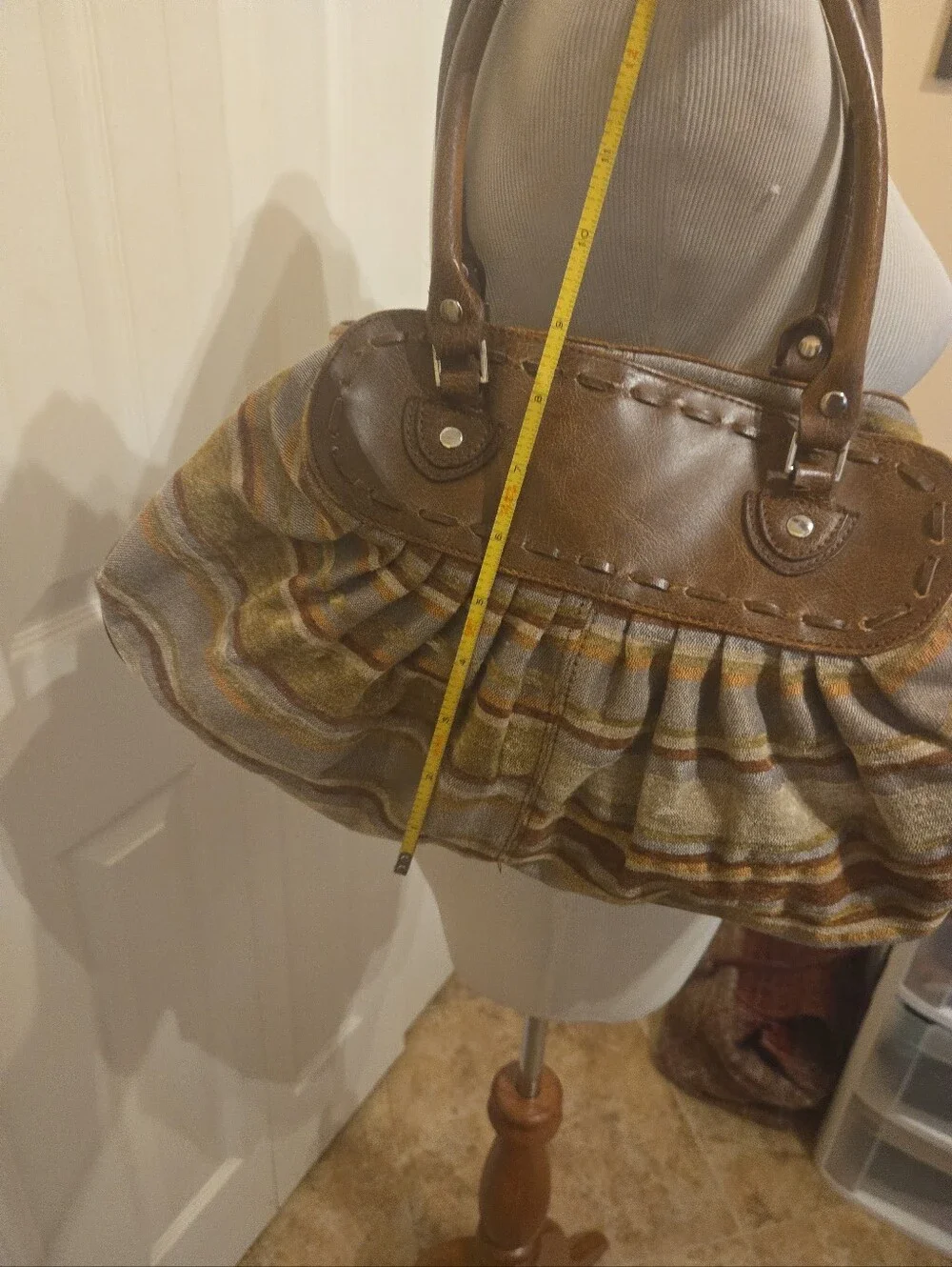 Woven Striped Tote Bag with Brown Leather Trim, Made In Italy